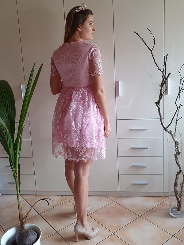 Applique Short Neck A-Line/Princess Organza Sleeves Sheer Short/Mini Homecoming Dresses