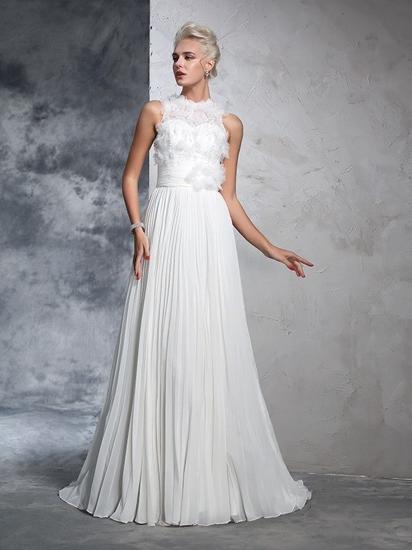 A-Line/Princess Pleats Neck Long Sleeveless High Chiffon Wedding Dresses