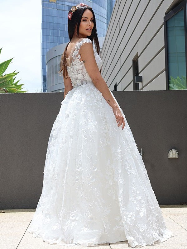 Tulle Sleeveless A-Line/Princess Applique V-neck Floor-Length Wedding Dresses