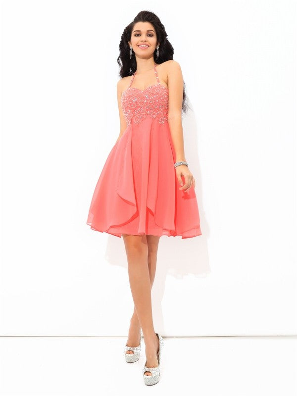 A-Line/Princess Cocktail Chiffon Marina Homecoming Dresses Halter Beading Sleeveless Short Dresses