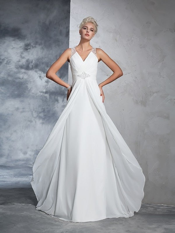 V-neck Ruched Long Sleeveless A-Line/Princess Chiffon Wedding Dresses