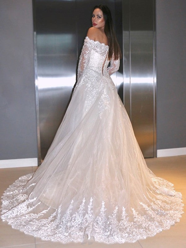 Sweep/Brush Applique Long Sleeves Lace A-Line/Princess Off-the-Shoulder Train Wedding Dresses