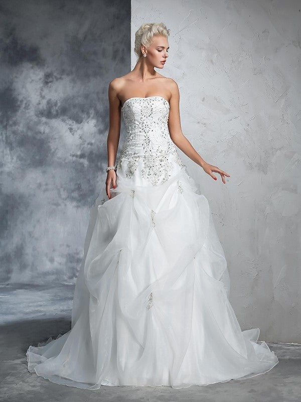 Beading Gown Strapless Ball Long Sleeveless Tulle Wedding Dresses