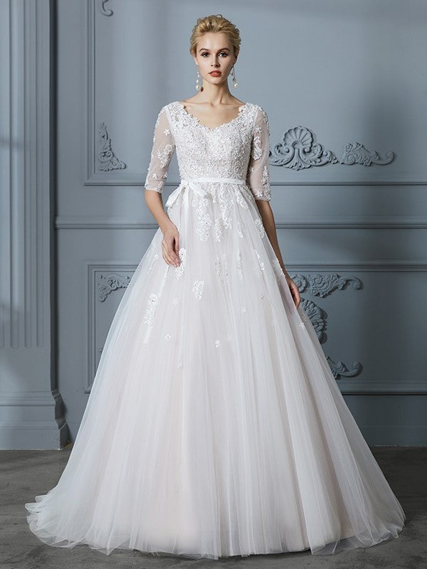 Gown 1/2 Lace Train V-neck Ball Sleeves Court Tulle Wedding Dresses