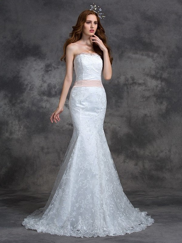 Sash/Ribbon/Belt Strapless Trumpet/Mermaid Sleeveless Long Lace Wedding Dresses