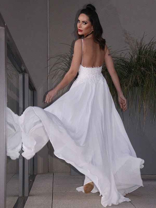 Sweep/Brush Chiffon Sleeveless V-neck A-Line/Princess Applique Train Wedding Dresses