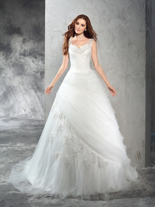 Straps Gown Applique Long Sleeveless Ball Net Wedding Dresses