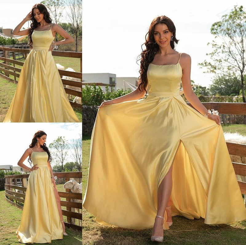 Spaghetti Ruffles Sleeveless Satin A-Line/Princess Straps Sweep/Brush Train Dresses