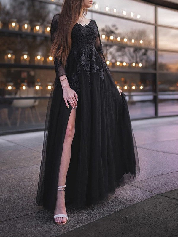 Tulle Applique Ball Sleeves Gown Long Off-the-Shoulder Floor-Length Dresses