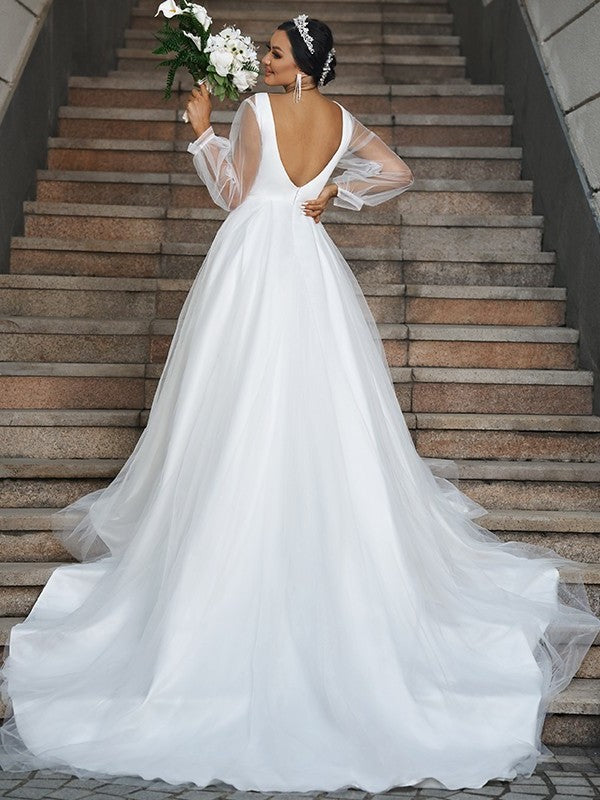 Long A-Line/Princess V-neck Sleeves Tulle Court Ruffles Train Wedding Dresses