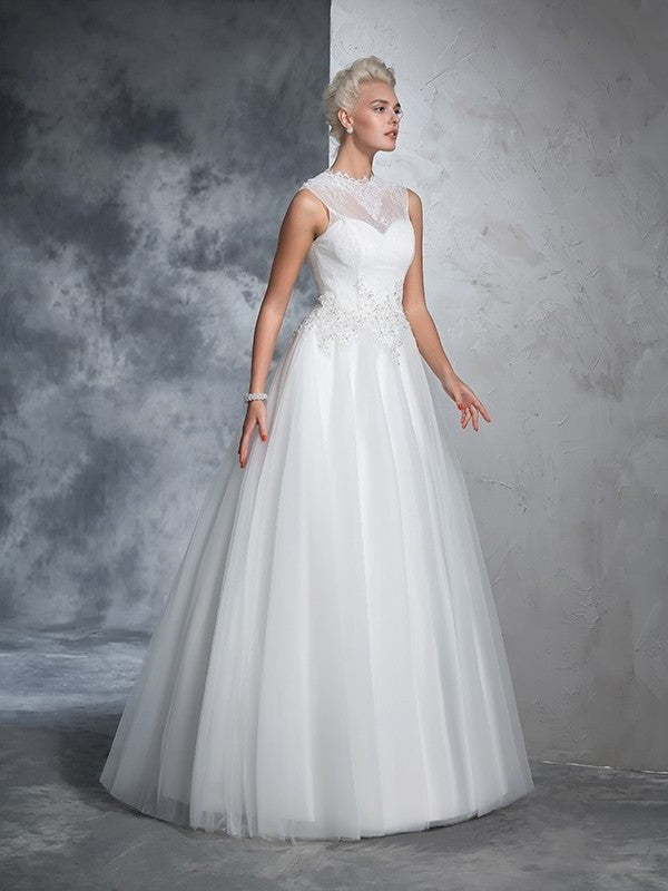 Neck High Long Ball Gown Sleeveless Applique Net Wedding Dresses