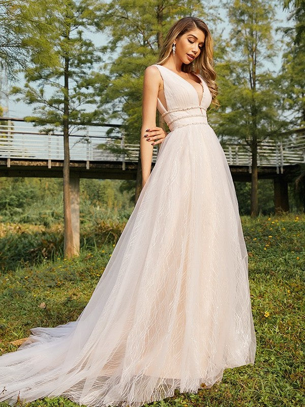 Tulle V-neck Ruffles A-Line/Princess Sweep/Brush Sleeveless Train Wedding Dresses