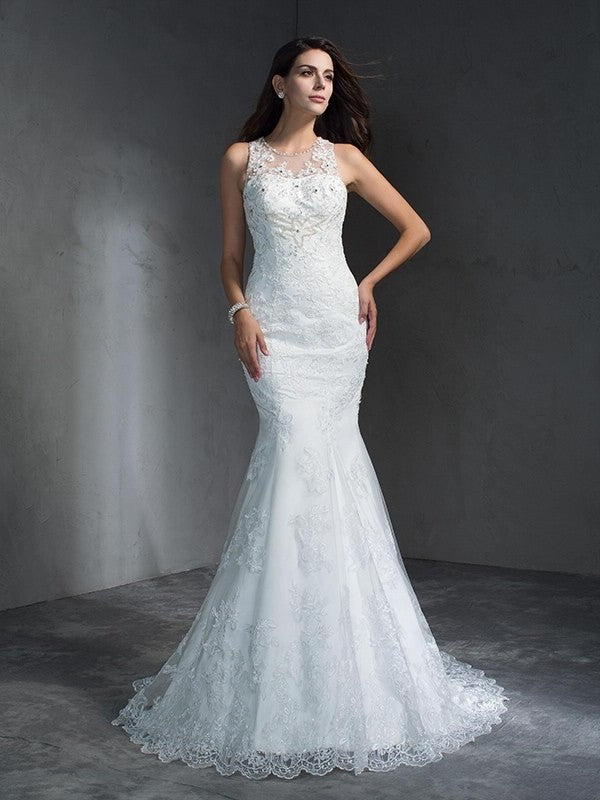 Applique Long Sleeveless Scoop Trumpet/Mermaid Lace Wedding Dresses