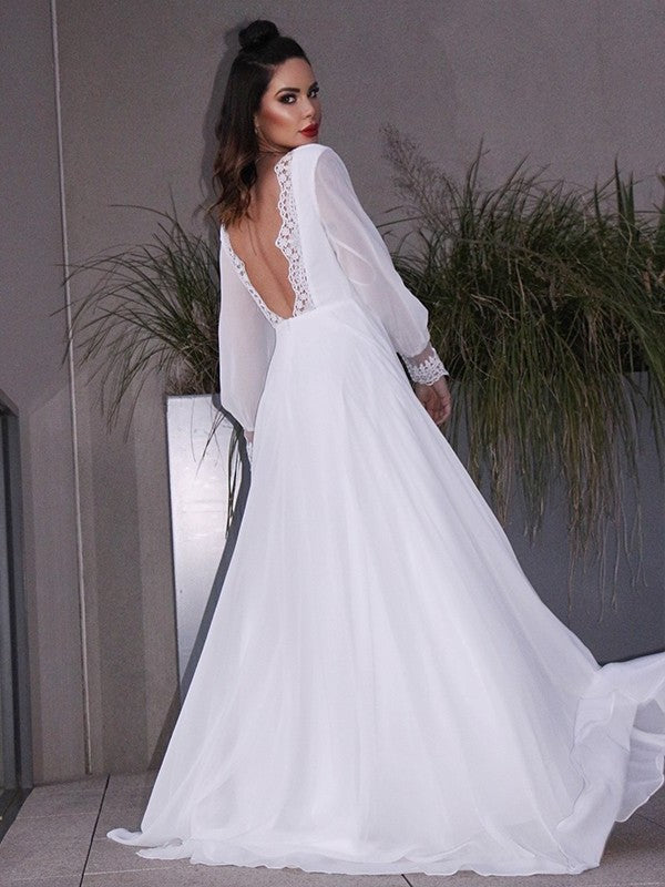 Long Chiffon Sweep/Brush A-Line/Princess Sleeves Scoop Ruffles Train Wedding Dresses