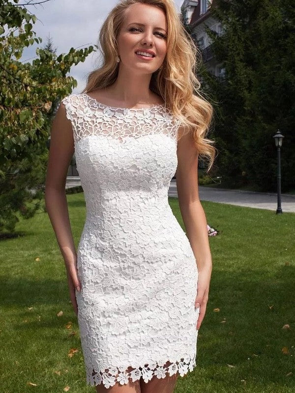 Floor-Length Sleeveless Lace Sheath/Column Scoop Tulle Wedding Dresses