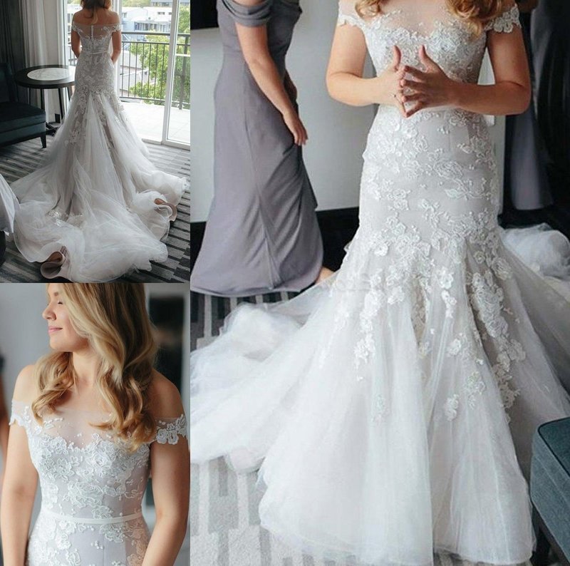 Court Applique Sleeveless Tulle Off-the-Shoulder Lace Trumpet/Mermaid Train Wedding Dresses