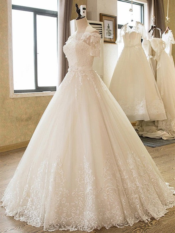 Gown Lace Ball 1/2 Floor-Length Off-the-Shoulder Sleeves Applique Tulle Wedding Dresses