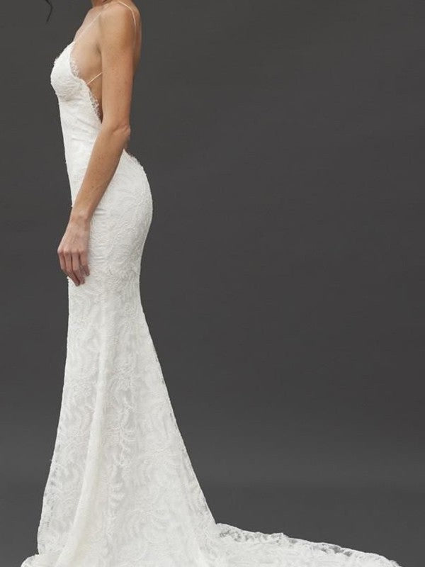 Sheath/Column Sleeveless Spaghetti Straps Train Court V-neck Lace Wedding Dresses