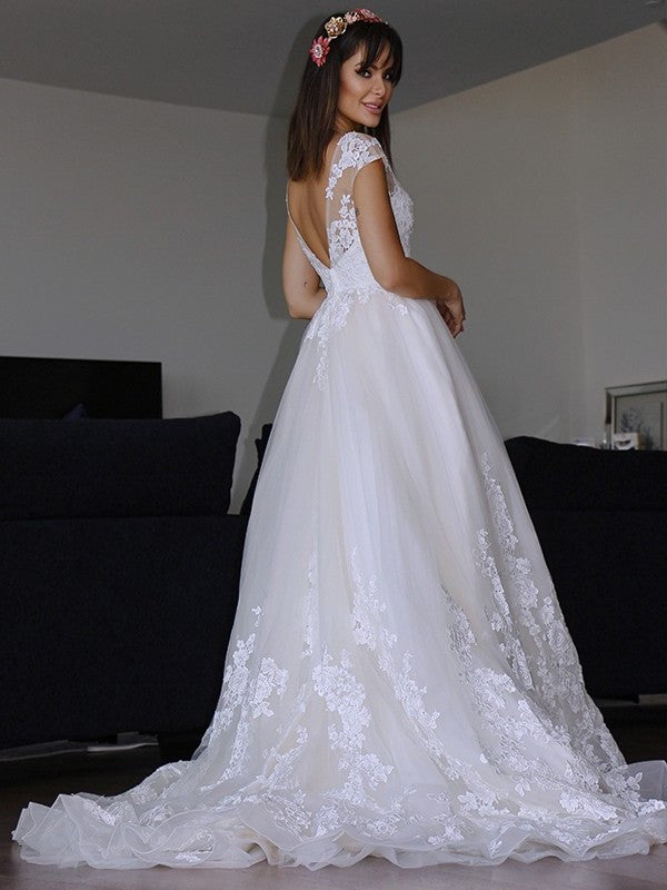 Tulle Applique Court Sleeveless A-Line/Princess V-neck Train Wedding Dresses