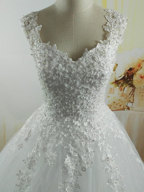 Floor-Length Sleeveless Ball Sweetheart Applique Gown V-neck Tulle Wedding Dresses