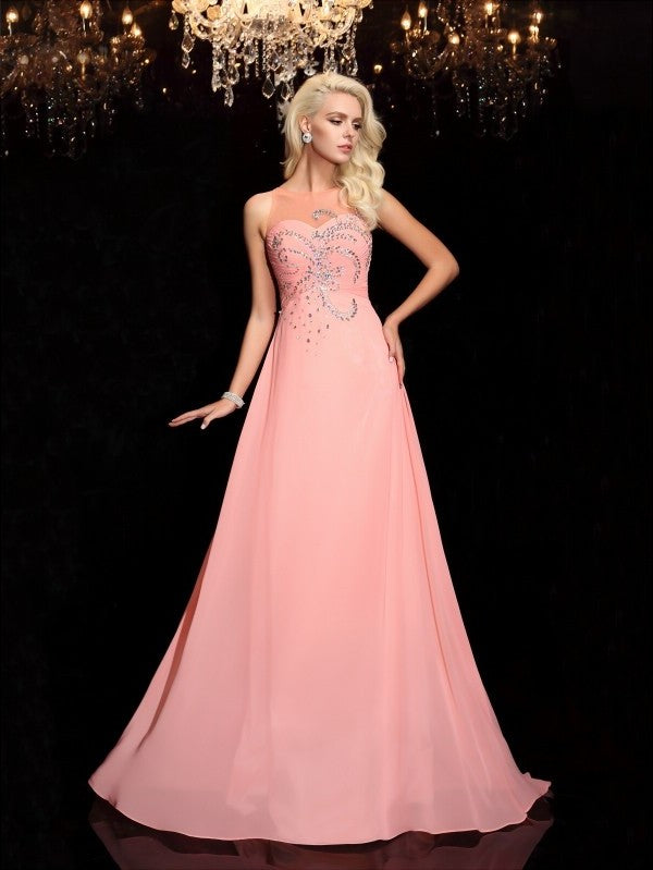 Sleeveless Beading Scoop A-line/Princess Long Chiffon Dresses