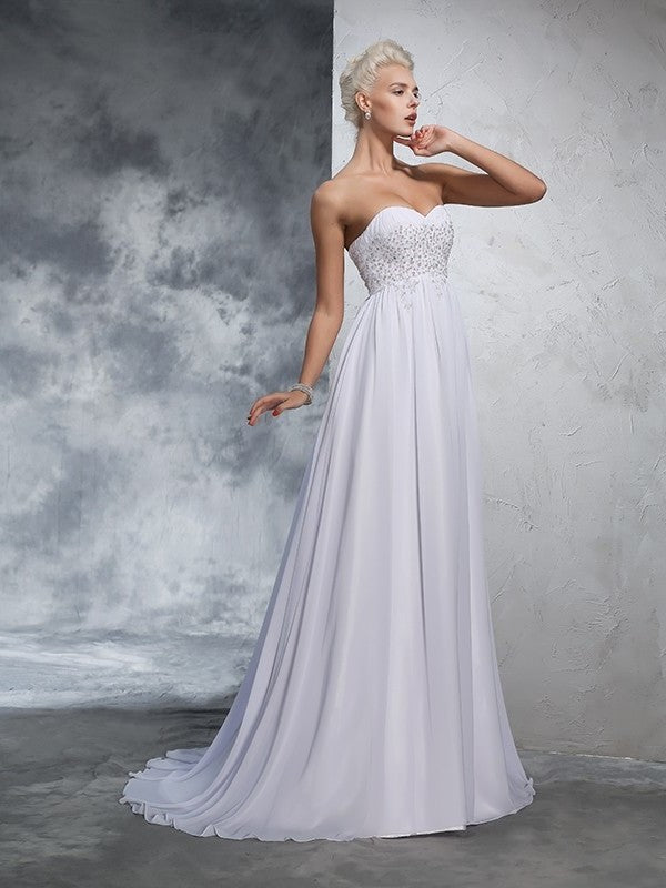 A-Line/Princess Sweetheart Beading Long Sleeveless Chiffon Wedding Dresses