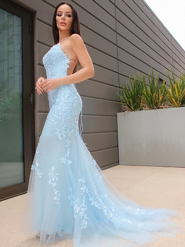 Trumpet/Mermaid Tulle Lace Sleeveless Halter Sweep/Brush Train Dresses