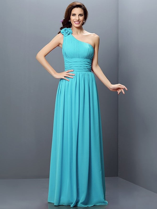 A-Line/Princess Long Sleeveless One-Shoulder Pleats Chiffon Bridesmaid Dresses