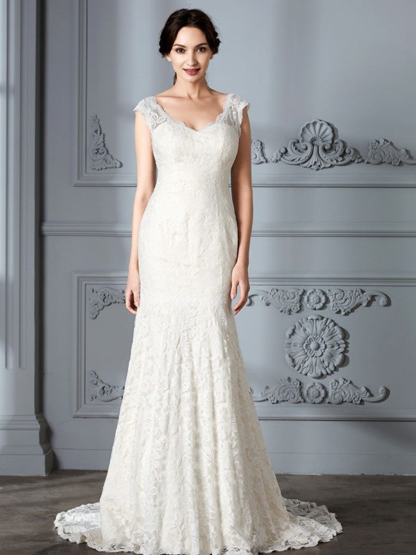 Sleeveless Sweep/Brush V-Neck Lace Trumpet/Mermaid Train Wedding Dresses