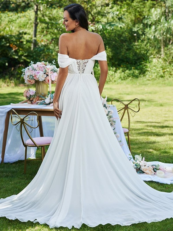 Sweep/Brush Ruffles Off-the-Shoulder A-Line/Princess Sleeveless Chiffon Train Wedding Dresses