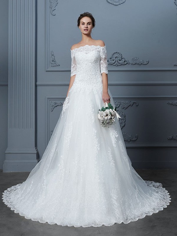 Ball Court Sleeves 1/2 Off-the-Shoulder Gown Train Beading Lace Wedding Dresses