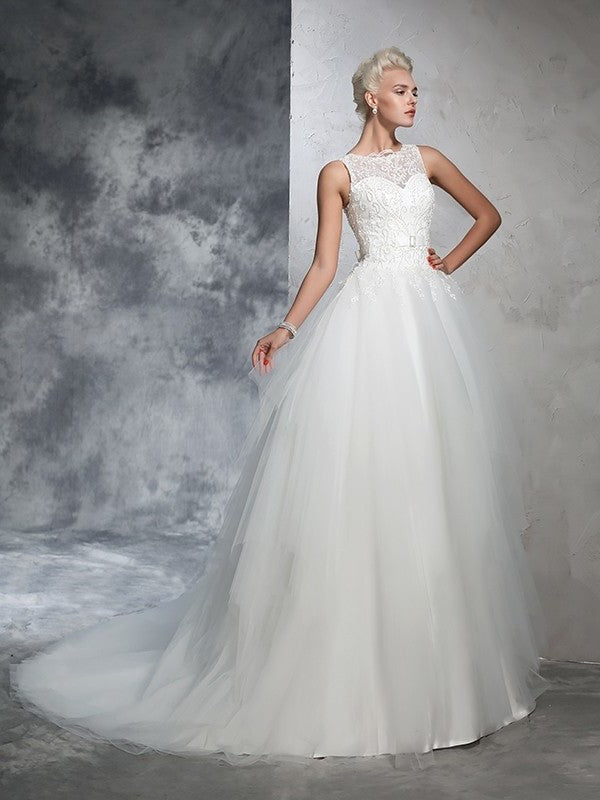 Gown Bateau Applique Long Ball Sleeveless Net Wedding Dresses