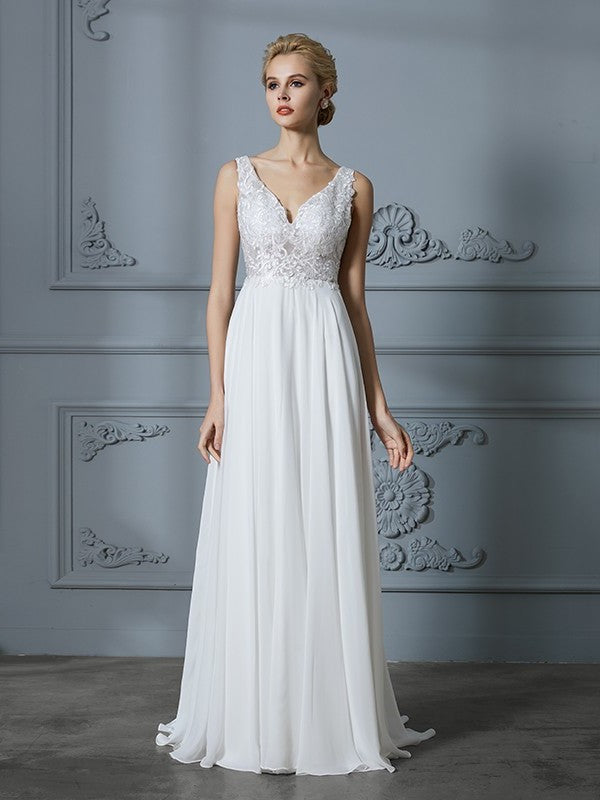 Train Sweep/Brush Sleeveless A-Line/Princess V-neck Chiffon Wedding Dresses