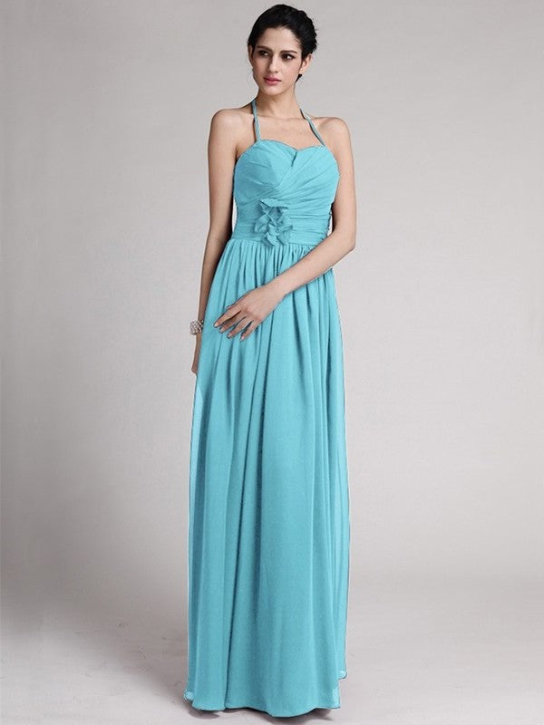 Long Hand-Made Flower Sleeveless Sheath/Column Halter Chiffon Bridesmaid Dresses