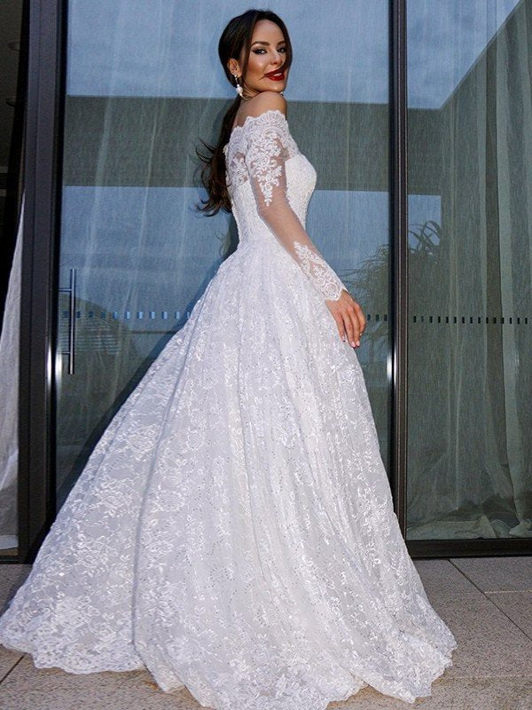 Bateau Gown Lace Ball Sleeves Long Floor-Length Wedding Dresses