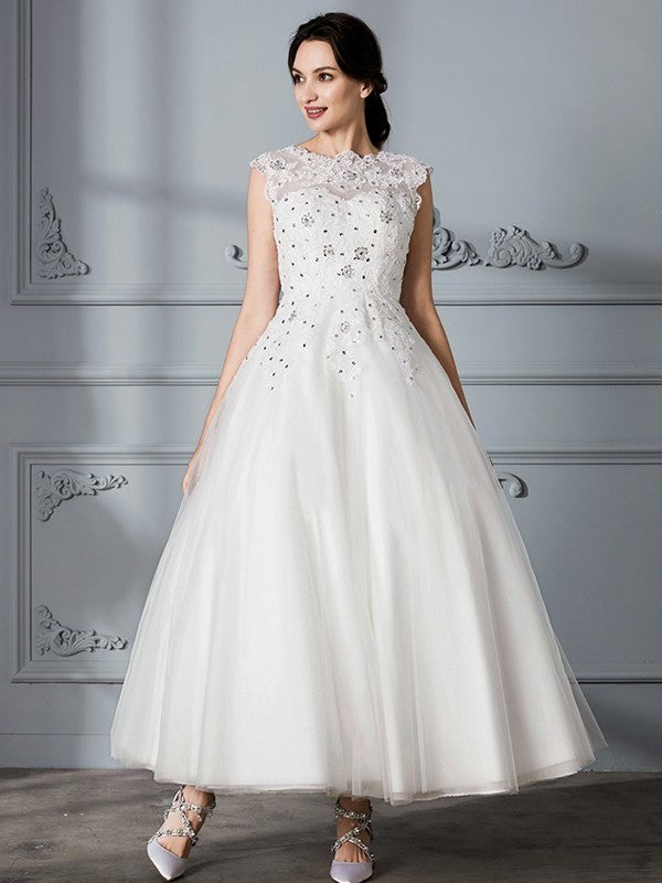 Gown Sleeveless Tea-Length Ball Scoop Tulle Wedding Dresses