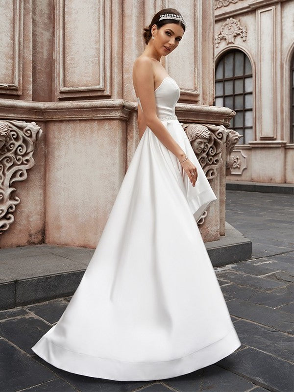 A-Line/Princess Sweetheart Ruffles Sleeveless Satin Asymmetrical Wedding Dresses