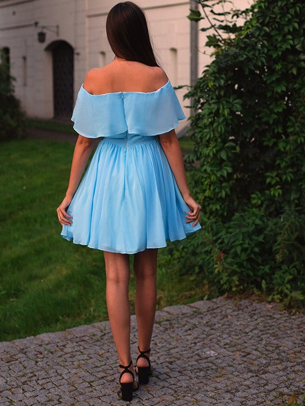 A-Line/Princess Sleeveless Off-the-Shoulder Chiffon Ruffles Short/Mini Homecoming Dresses