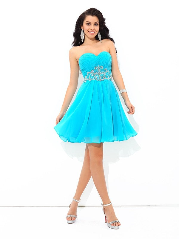 A-Line/Princess Sweetheart Pleats Sleeveless Short Dresses Cocktail Homecoming Dresses Chiffon Ana