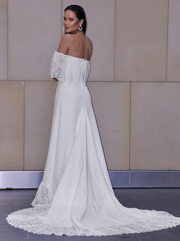 Sheath/Column Sweep/Brush Lace Short Ruffles Sleeves Off-the-Shoulder Train Wedding Dresses