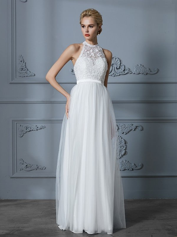 A-Line/Princess Scoop Tulle Sleeveless Floor-Length Wedding Dresses