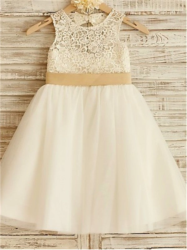 Sleeveless Tulle Bowknot Knee-Length A-line/Princess Scoop Flower Girl Dresses