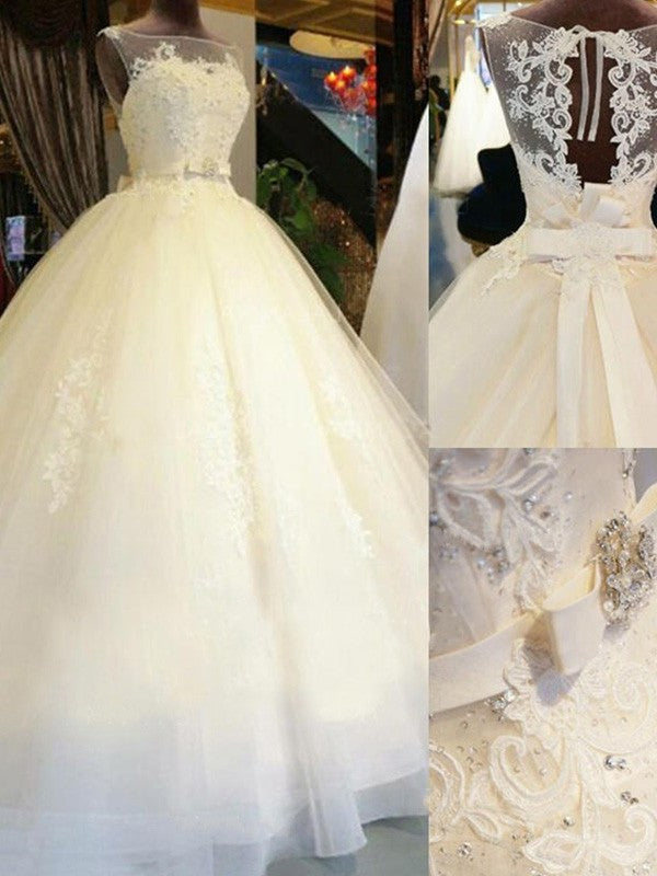 Train Ball Applique Scoop Gown Cathedral Sash/Ribbon/Belt Sleeveless Tulle Wedding Dresses