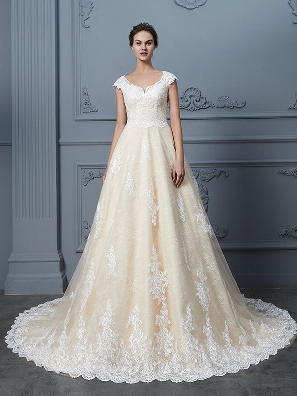 Court Sweetheart Train Ball Sleeveless Gown Beading Lace Wedding Dresses