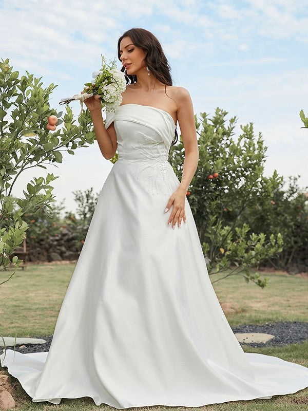 Sweep/Brush Sleeveless Strapless Satin A-Line/Princess Ruched Train Wedding Dresses