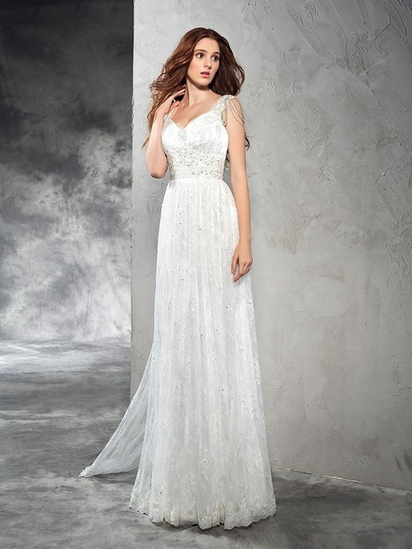 Lace A-Line/Princess Long Straps Sleeveless Lace Wedding Dresses