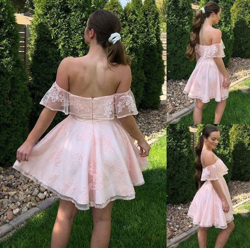 Off-the-Shoulder Lace A-Line/Princess Sleeveless Applique Short/Mini Homecoming Dresses