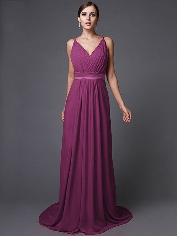 A-Line/Princess Long Sleeveless V-neck Ruffles Chiffon Bridesmaid Dresses