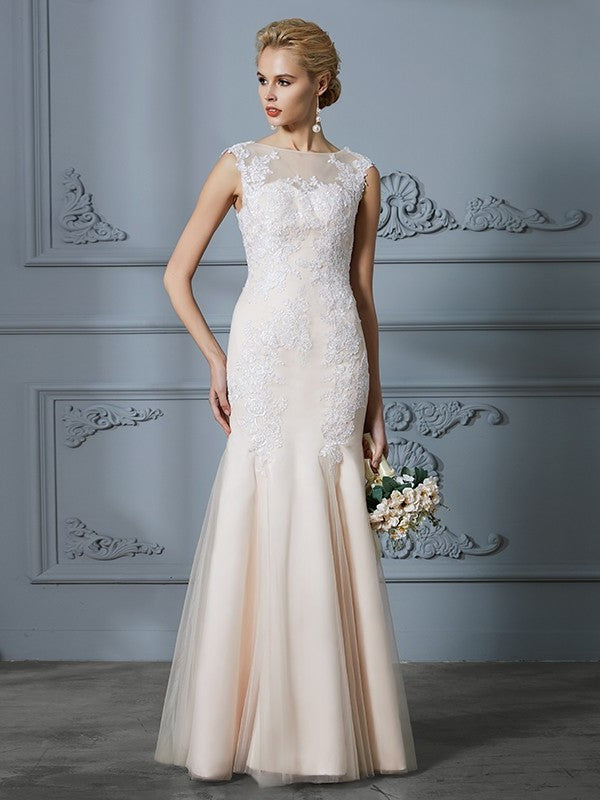 Trumpet/Mermaid Scoop Applique Tulle Sleeveless Floor-Length Wedding Dresses