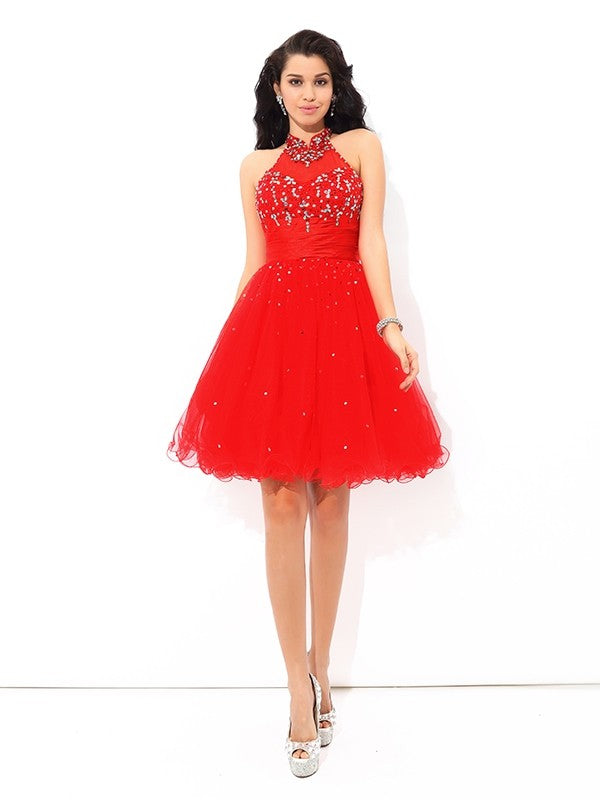 A-Line/Princess High Neck Beading Sleeveless Short Cocktail Homecoming Dresses Arely Net Dresses